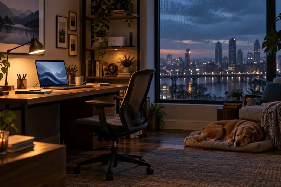 Espacio de trabajo en casa con iluminación cálida y equipos de red; ambiente ilustrativo