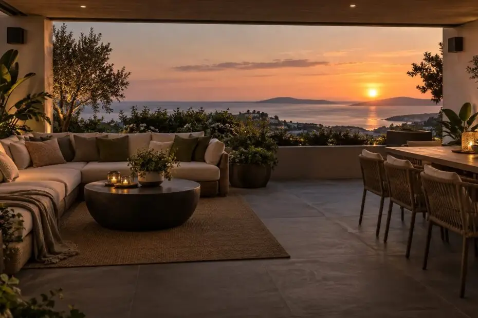 Terraza cubierta al atardecer con espacios de descanso y audio integrado; ambiente ilustrativo