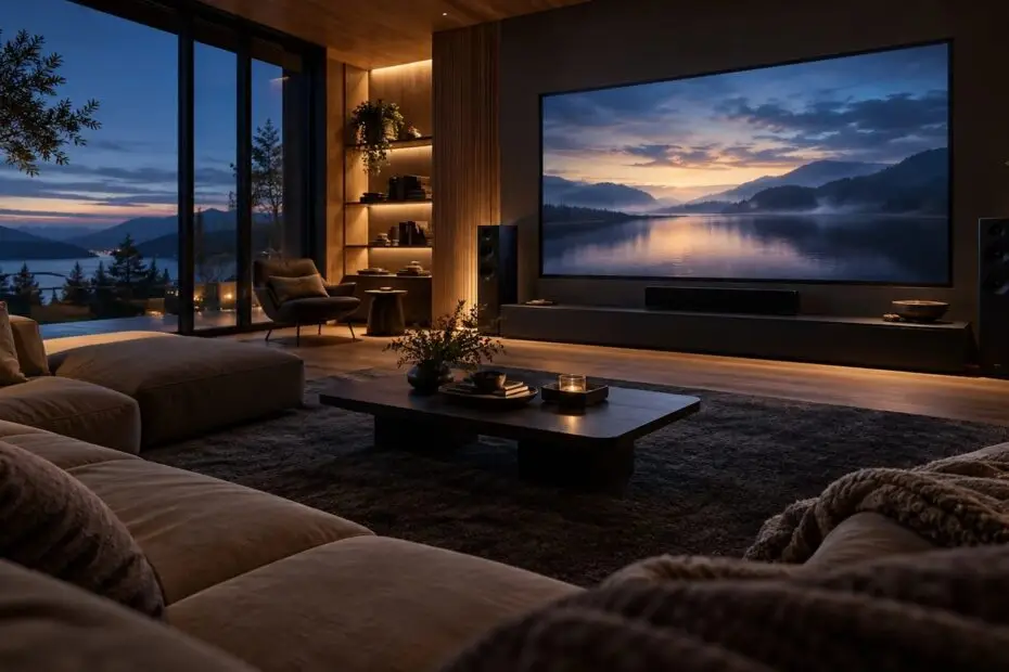 Sala de cine en casa con pantalla amplia e iluminación cálida; ambiente ilustrativo