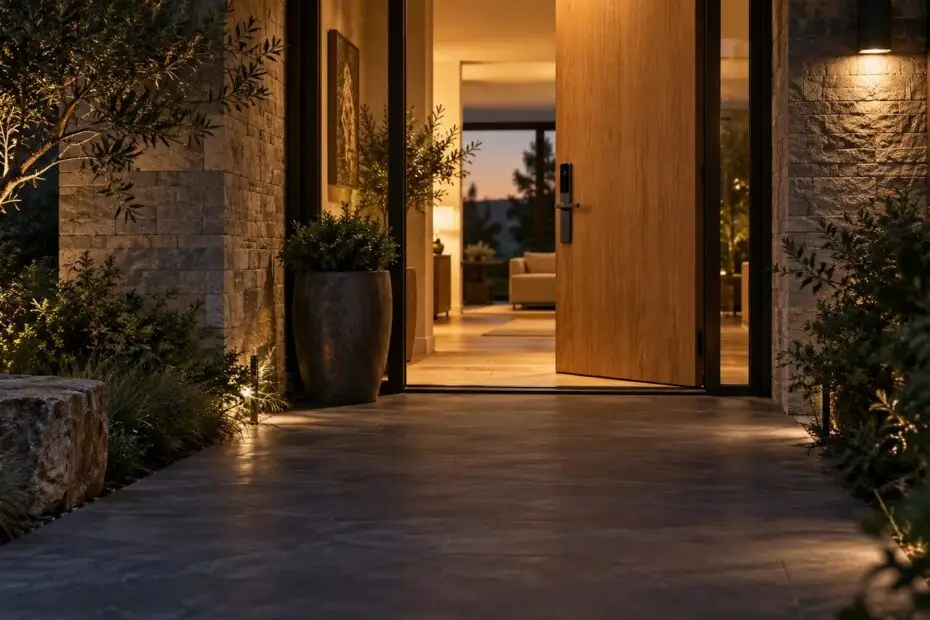Entrada de hogar con puerta de madera e iluminación cálida al anochecer; ambiente ilustrativo