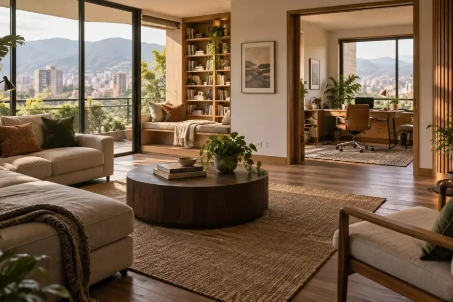 Sala luminosa conectada con un estudio en casa; ambiente ilustrativo